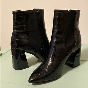 Black Croc-Embossed Ankle Boots